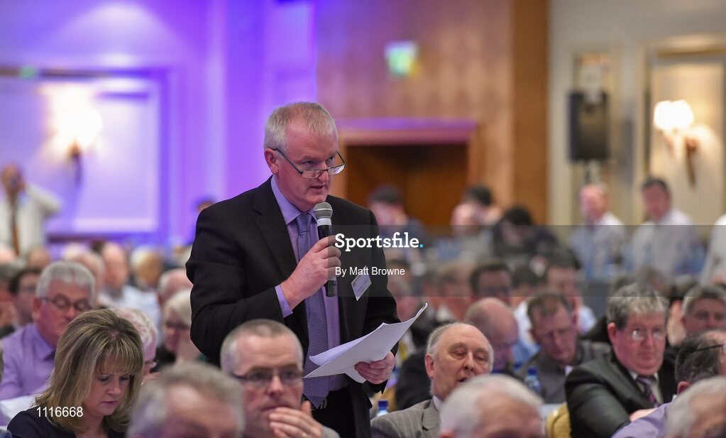 27 February 2016; Ger Lane, From the Cork County Board, speaking during motion 43 on Broadcast Right that all televised Inter-County Championship  Games shall be avalable on free to air TV that failed during the GAA Annual Congress. Mount Wolseley Hotel Spa & Golf Resort, Tullow, Carlow. Picture credit: Matt Browne / SPORTSFILE