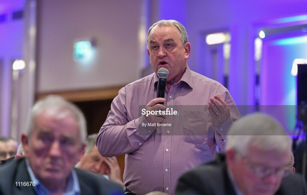 27 February 2016; Iar Uachtarán Nickey Brennan speaking during motion 43 on Broadcast Right that all televised Inter-County Championship  Games shall be avalable on free to air TV that failed during the GAA Annual Congress. Mount Wolseley Hotel Spa & Golf Resort, Tullow, Carlow. Picture credit: Matt Browne / SPORTSFILE