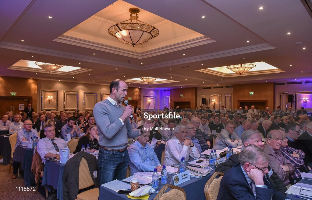 27 February 2016; Dermot Earley, Chairman of the GPA, speaking during motion 43 on Broadcast Right that all televised Inter-County Championship  Games shall be avalable on free to air TV that failed during the GAA Annual Congress. Mount Wolseley Hotel Spa & Golf Resort, Tullow, Carlow. Picture credit: Matt Browne / SPORTSFILE