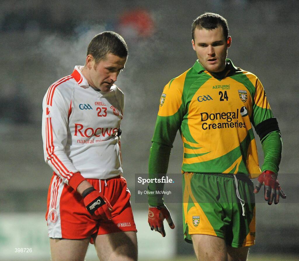 30 January 2010; Stephen O'Neill, Tyrone, being marked by Neil McGee, Donegal. Barrett Sports Lighting Dr. McKenna Cup Final, Donegal v Tyrone, Brewster Park, Enniskillen, Co. Fermanagh. Picture credit: Oliver McVeigh / SPORTSFILE