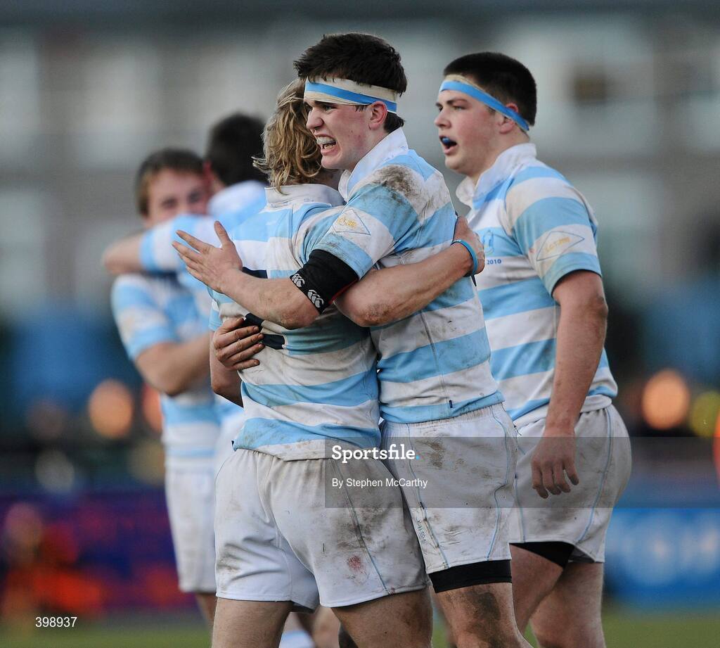 31 January 2010; Pierce Dargan, right, and Patrick Carroll, Blackrock College, celebrate their victory. Leinster Schools Senior Cup First Round, Belvedere College v Blackrock College, Donnybrook Stadium, Donnybrook, Dublin. Picture credit: Stephen McCarthy / SPORTSFILE