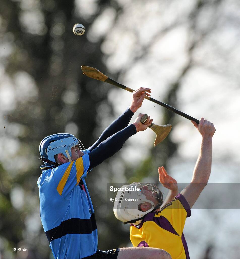 31 January 2010; Joey Boland, UCD, contests a high ball with Colm Farrell, Wexford. Walsh Cup Quarter-Final, Wexford v UCD, Pairc Ui Siochan, Gorey, Co. Wexford. Picture credit: Daire Brennan / SPORTSFILE