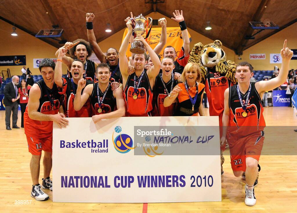 31 January 2010; The Killester team celebrate with the cup after victory over UCC Demons. Men's Superleague National Cup Final 2010, Killester v UCC Demons, National Basketball Arena, Tallaght, Dublin. Picture credit: Brendan Moran / SPORTSFILE