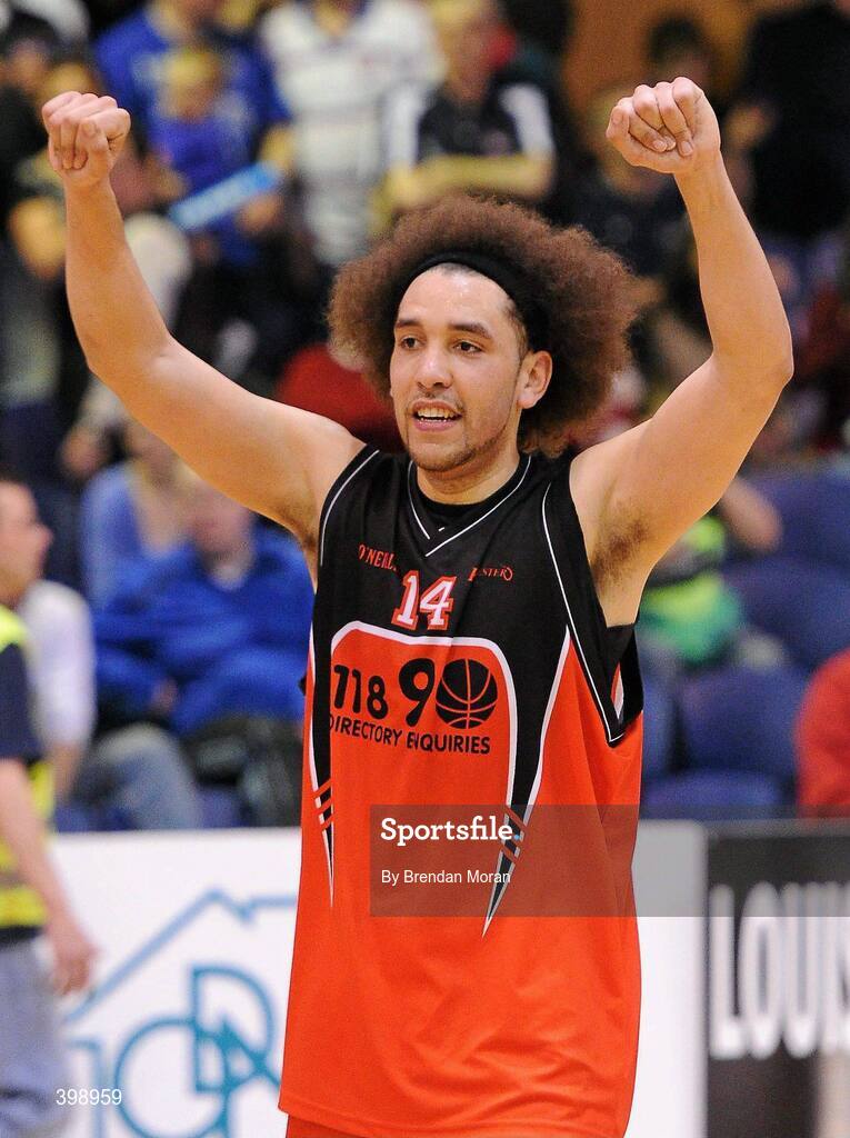 31 January 2010; Michael Westbrooks, Killester, celebrates at the final buzzer. Men's Superleague National Cup Final 2010, Killester v UCC Demons, National Basketball Arena, Tallaght, Dublin. Picture credit: Brendan Moran / SPORTSFILE