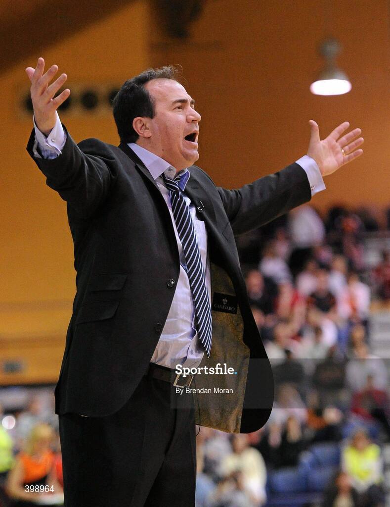 31 January 2010; UCC Demons head coach Luke D'Alessio argues a call by the referee. Men's Superleague National Cup Final 2010, Killester v UCC Demons, National Basketball Arena, Tallaght, Dublin. Picture credit: Brendan Moran / SPORTSFILE
