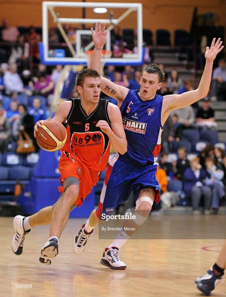 31 January 2010; Keith Anderson, Killester, in action against Kyle Hosford, UCC Demons. Men's Superleague National Cup Final 2010, Killester v UCC Demons, National Basketball Arena, Tallaght, Dublin. Picture credit: Brendan Moran / SPORTSFILE