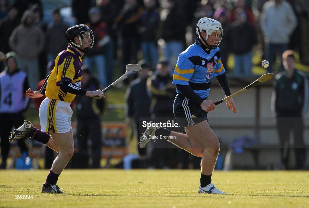 31 January 2010; Liam Rushe, UCD, in action against Tomás McMahon, UCD. Walsh Cup Quarter-Final, Wexford v UCD, Pairc Ui Siochan, Gorey, Co. Wexford. Picture credit: Daire Brennan / SPORTSFILE