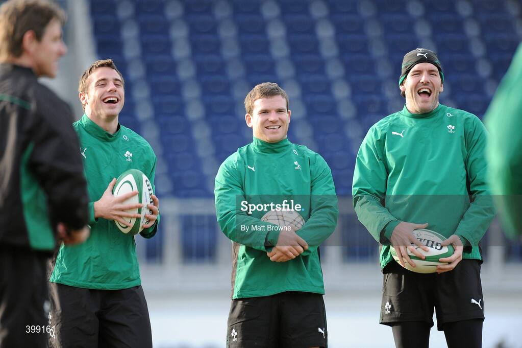 1 February 2010; Ireland's Tommy Bowe, left, Gordon D'Arcy, centre, and Shane Horgan share a joke during squad training ahead of their opening RBS Six Nations Rugby Championship game against Italy on Saturday. RDS, Ballsbridge, Dublin. Picture credit: Matt Browne / SPORTSFILE