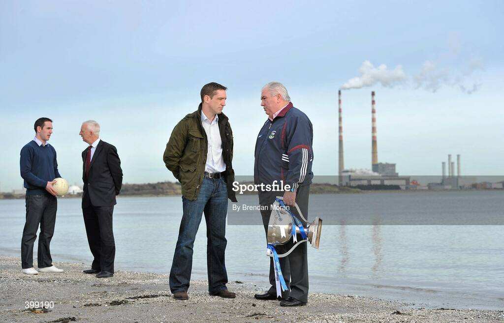 1 February 2010; At the launch of the Allianz GAA National Football Leagues 2010 are, from left, Kerry footballer Declan O'Sullivan, Cork manager Conor Counihan, Kildare manager Kieran McGeeney and Galway manager Joe Kernan. Sandymount Strand, Dublin. Picture credit: Brendan Moran / SPORTSFILE