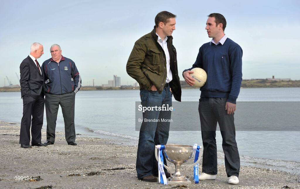 1 February 2010; At the launch of the Allianz GAA National Football Leagues 2010 are, from left, Cork manager Conor Counihan, Galway manager Joe Kernan, Kildare manager Kieran McGeeney, left, and Galway manager Joe Kernan. Sandymount Strand, Dublin. Picture credit: Brendan Moran / SPORTSFILE