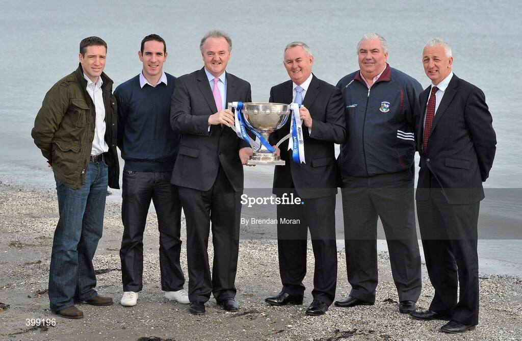 1 February 2010; At the launch of the Allianz GAA National Football Leagues 2010 are, from left, Kildare manager Kieran McGeeney, Kerry footballer Declan O'Sullivan, Brendan Murphy, CEO, Allianz Ireland, Uachtarán CLG Criostóir Ó Cuana, Galway manager Joe Kernan and Cork manager Conor Counihan. Sandymount Strand, Dublin. Picture credit: Brendan Moran / SPORTSFILE