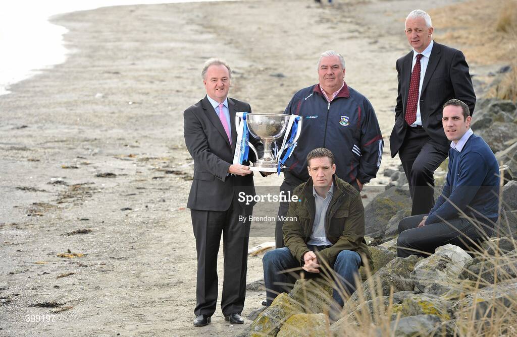 1 February 2010; At the launch of the Allianz GAA National Football Leagues 2010 are, from left, Brendan Murphy, CEO, Allianz Ireland, Galway manager Joe Kernan, Kildare manager Kieran McGeeney, Cork manager Conor Counihan and Kerry footballer Declan O'Sullivan. Sandymount Strand, Dublin. Picture credit: Brendan Moran / SPORTSFILE