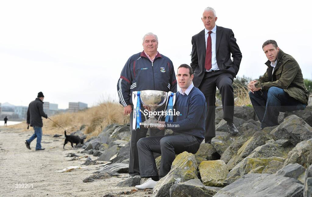 1 February 2010; At the launch of the Allianz GAA National Football Leagues 2010 are, from left, Galway manager Joe Kernan, Kerry footballer Declan O'Sullivan, Cork manager Conor Counihan and Kildare manager Kieran McGeeney. Sandymount Strand, Dublin. Picture credit: Brendan Moran / SPORTSFILE