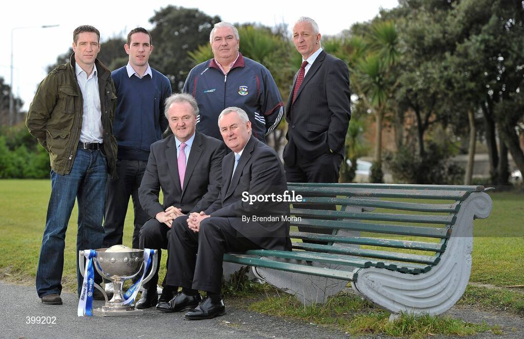 1 February 2010; At the launch of the Allianz GAA National Football Leagues 2010 are, clockwise from left, Kildare manager Kieran McGeeney, Kerry footballer Declan O'Sullivan, Galway manager Joe Kernan, Cork manager Conor Counihan, Uachtarán CLG Criostóir Ó Cuana and Brendan Murphy, CEO, Allianz Ireland. Sandymount Strand, Dublin. Picture credit: Brendan Moran / SPORTSFILE