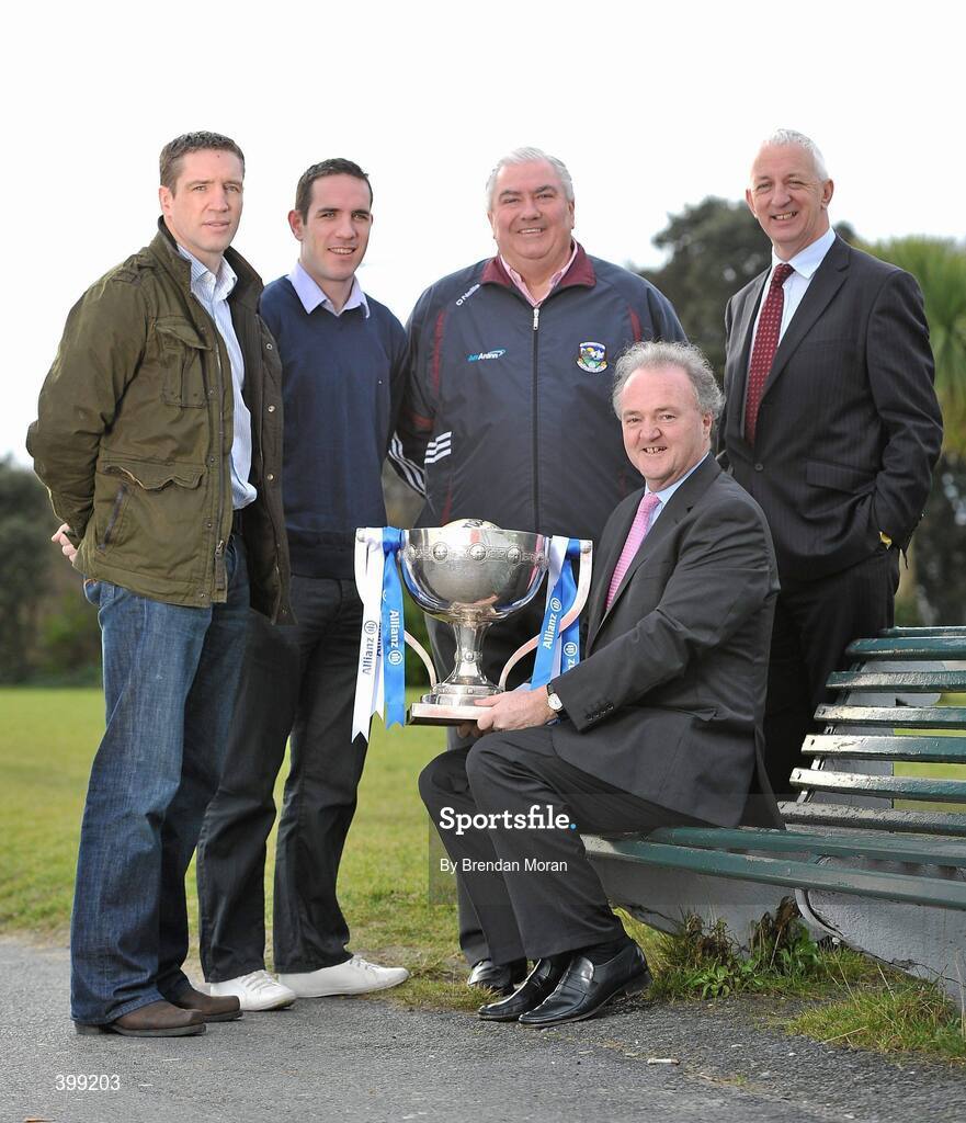1 February 2010; At the launch of the Allianz GAA National Football Leagues 2010 are, clockwise from left, Kildare manager Kieran McGeeney, Kerry footballer Declan O'Sullivan, Galway manager Joe Kernan, Cork manager Conor Counihan, and Brendan Murphy, CEO, Allianz Ireland. Sandymount Strand, Dublin. Picture credit: Brendan Moran / SPORTSFILE