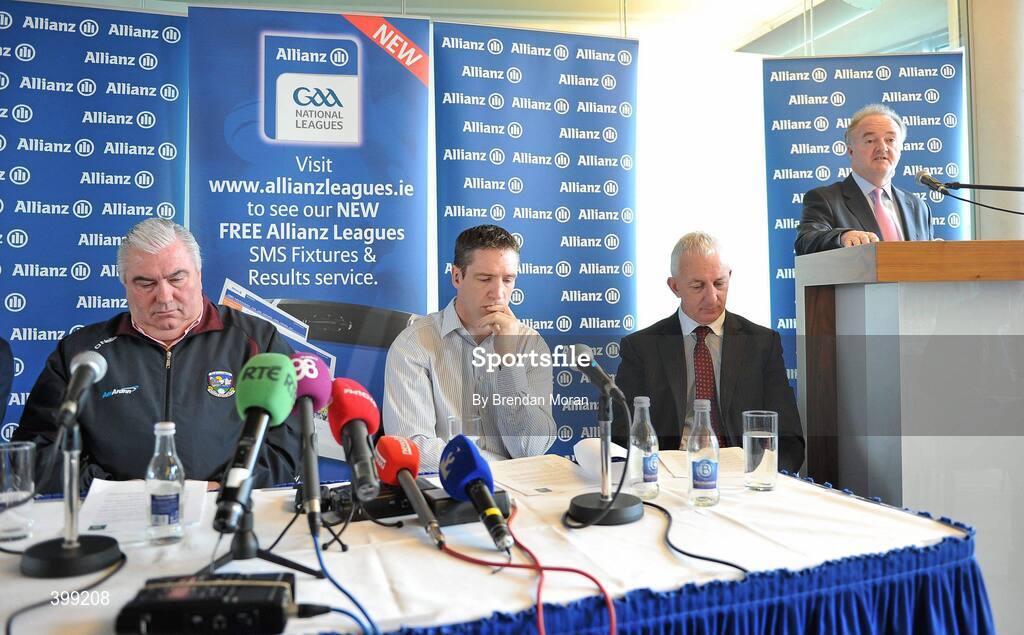1 February 2010; At the launch of the Allianz GAA National Football Leagues 2010 are, from left, Galway manager Joe Kernan, Kildare manager Kieran McGeeney, Cork manager Conor Counihan and Brendan Murphy, CEO, Allianz Ireland. Sandymount Strand, Dublin. Picture credit: Brendan Moran / SPORTSFILE
