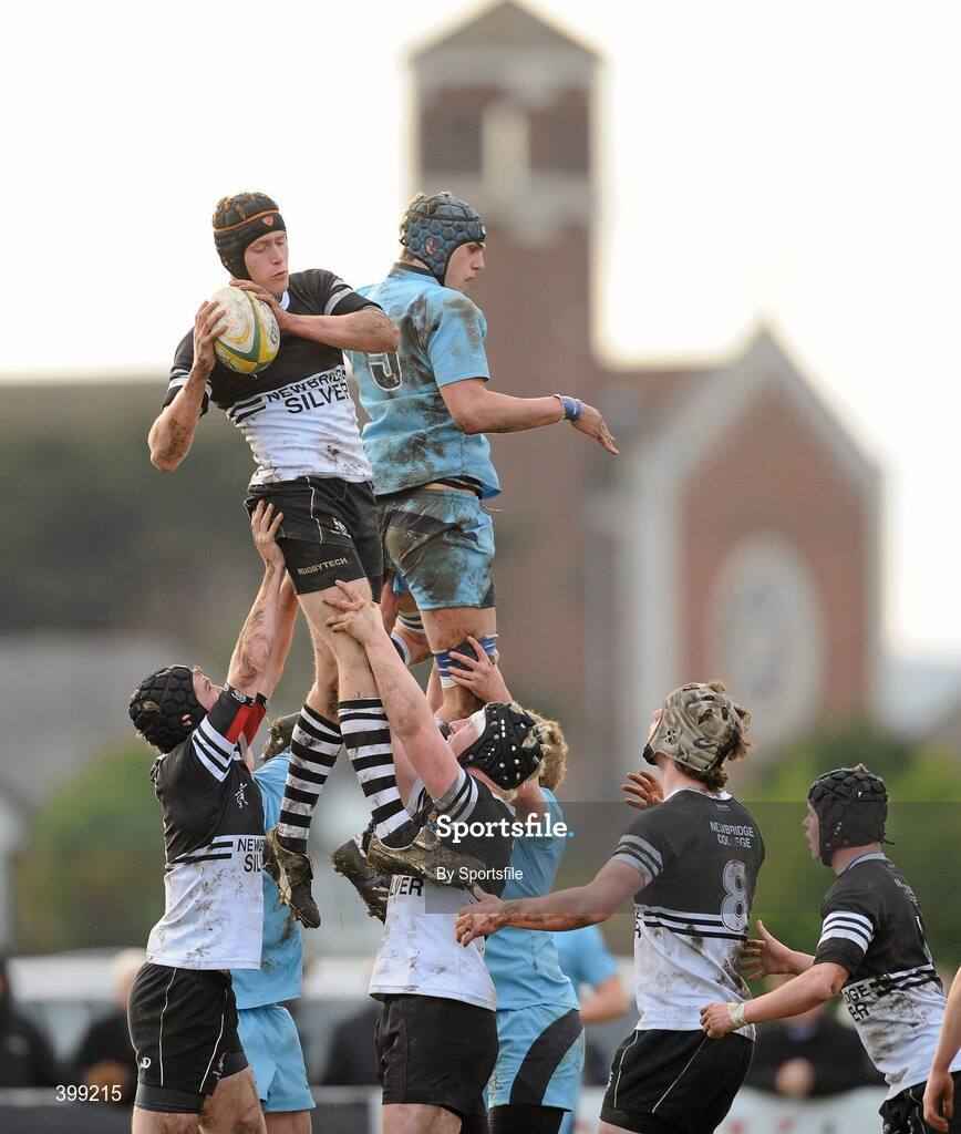 1 February 2010; Marcus Duke, Newbridge College, wins possession in the line-out ahead of Shane O'Connor, St Michael's. Leinster Schools Senior Cup First Round, St Michael's v Newbridge College, Lakelands Park, Terenure, Dublin. Photo by Sportsfile