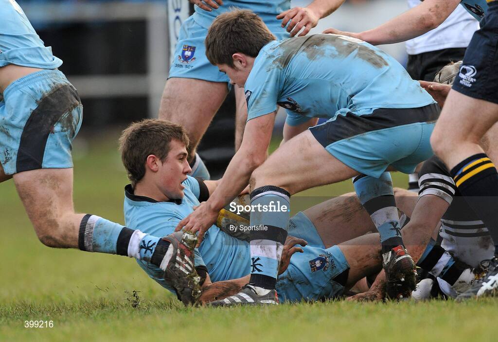 1 February 2010; Mark Craig, St Michael's, is congratulated by team-mates after scoring his side's 2nd try. Leinster Schools Senior Cup First Round, St Michael's v Newbridge College, Lakelands Park, Terenure, Dublin. Photo by Sportsfile