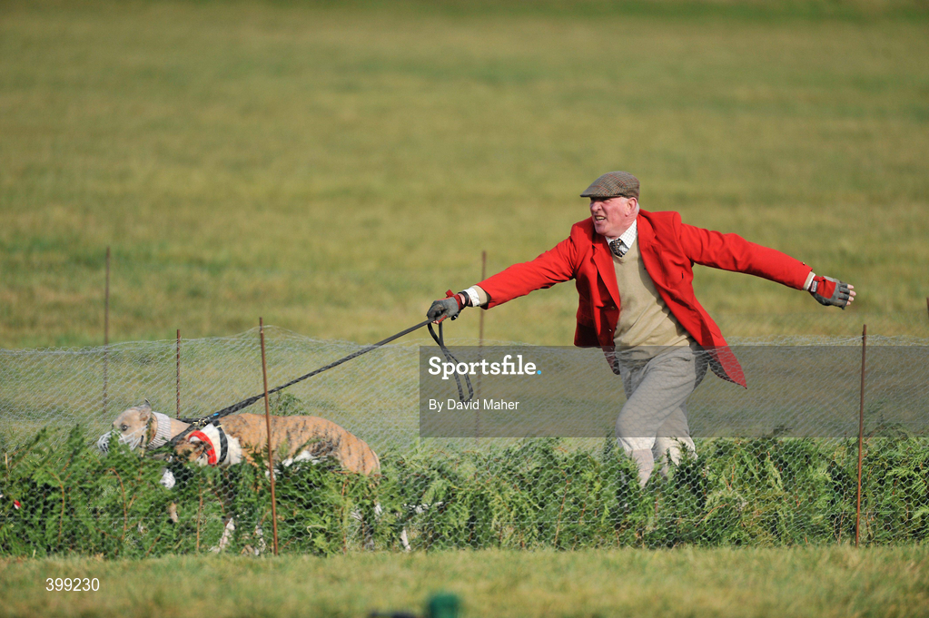 1 February 2010; Slipper Tom Murphy, slipping Honeycomb View and Latest Gamble during the first round of the Hotel Minella Oaks. 85th National Coursing Meeting - Monday, Powerstown Park, Clonmel, Co. Tipperary. Picture credit: David Maher / SPORTSFILE