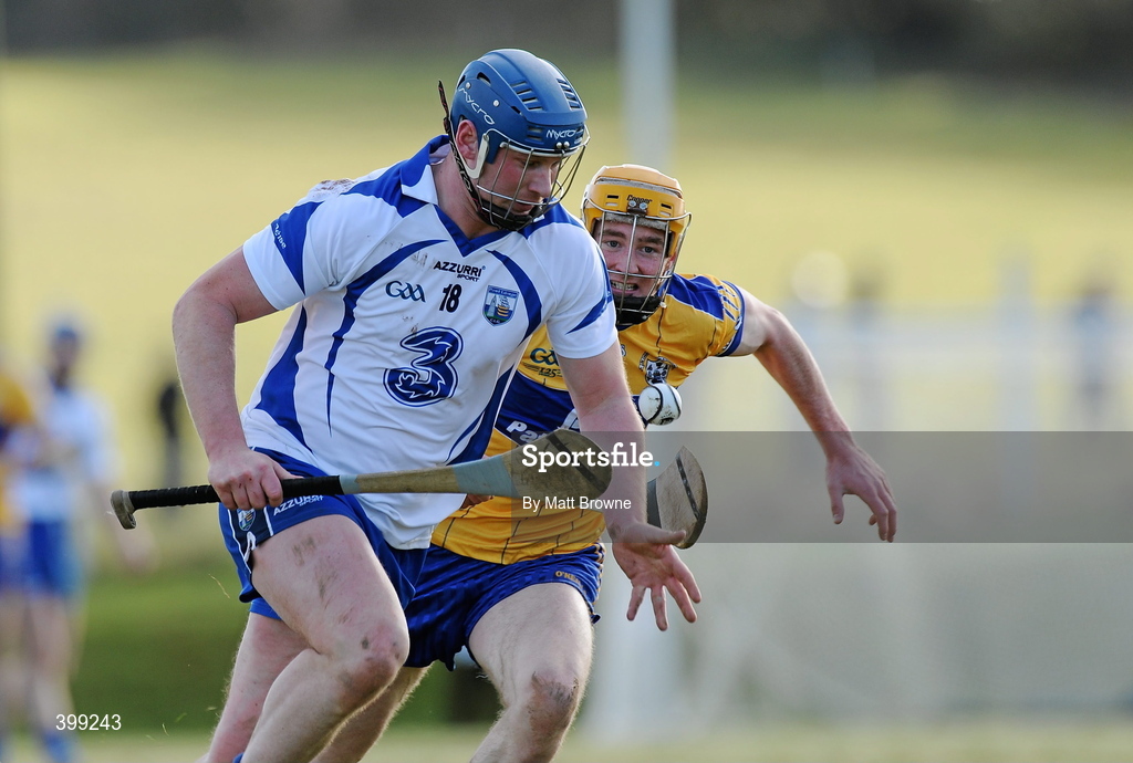 31 January 2010; Gary Hurney, Waterford in action against Cian Dillon, Clare. Munster GAA Waterford Crystal Hurling Cup Semi-Final, Waterford v Clare, Ballyduff GAA Grounds, Ballyduff Upper, Waterford. Picture credit: Matt Browne / SPORTSFILE *** Local Caption ***
