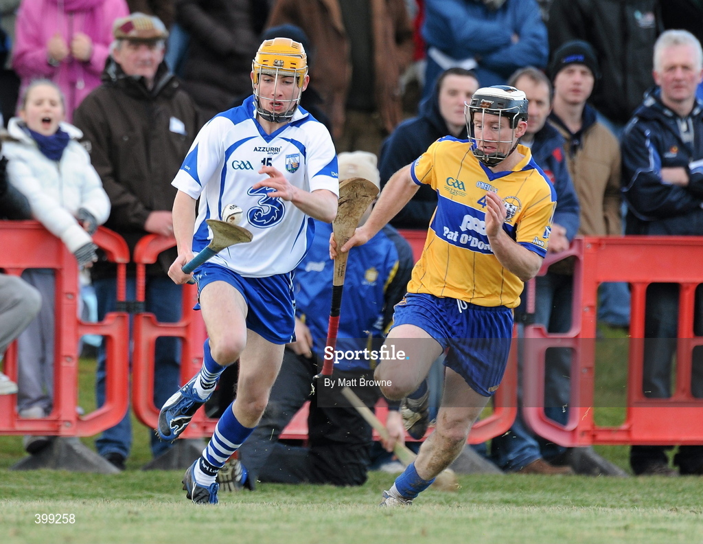 31 January 2010; Thomas Ryan, Waterford in action against Alan Brigdale, Clare. Munster GAA Waterford Crystal Hurling Cup Semi-Final, Waterford v Clare, Ballyduff GAA Grounds, Ballyduff Upper, Waterford. Picture credit: Matt Browne / SPORTSFILE *** Local Caption ***