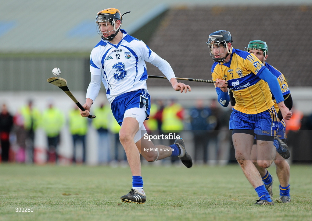 31 January 2010; Maurice Shanahan, Waterford in action against Pat Donnellan, Clare. Munster GAA Waterford Crystal Hurling Cup Semi-Final, Waterford v Clare, Ballyduff GAA Grounds, Ballyduff Upper, Waterford. Picture credit: Matt Browne / SPORTSFILE *** Local Caption ***