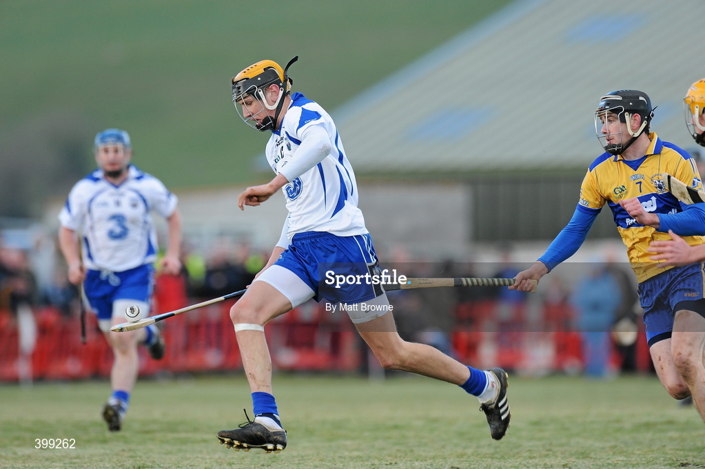 31 January 2010; Maurice Shanahan, Waterford in action against Pat Donnellan, Clare. Munster GAA Waterford Crystal Hurling Cup Semi-Final, Waterford v Clare, Ballyduff GAA Grounds, Ballyduff Upper, Waterford. Picture credit: Matt Browne / SPORTSFILE *** Local Caption ***