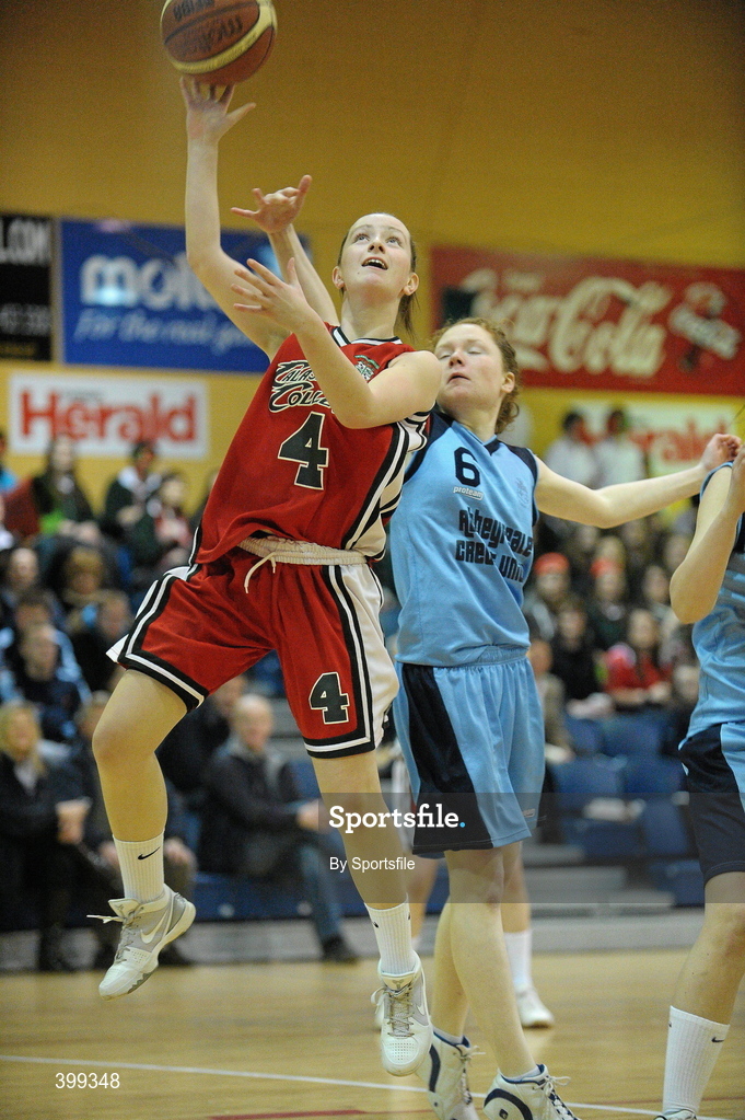 2 February 2010; Carol McCarthy, Calasanctius Oranmore, Galway, in action against Marie Dillon, St. Josephs Abbeyfeale, Co. Limerick. All-Ireland School Cup Finals 2010 - U19 Girls A Final, Calasanctius Oranmore, Galway v St. Josephs Abbeyfeale, Co. Limerick, National Basketball Arena, Tallaght, Dublin. Photo by Sportsfile