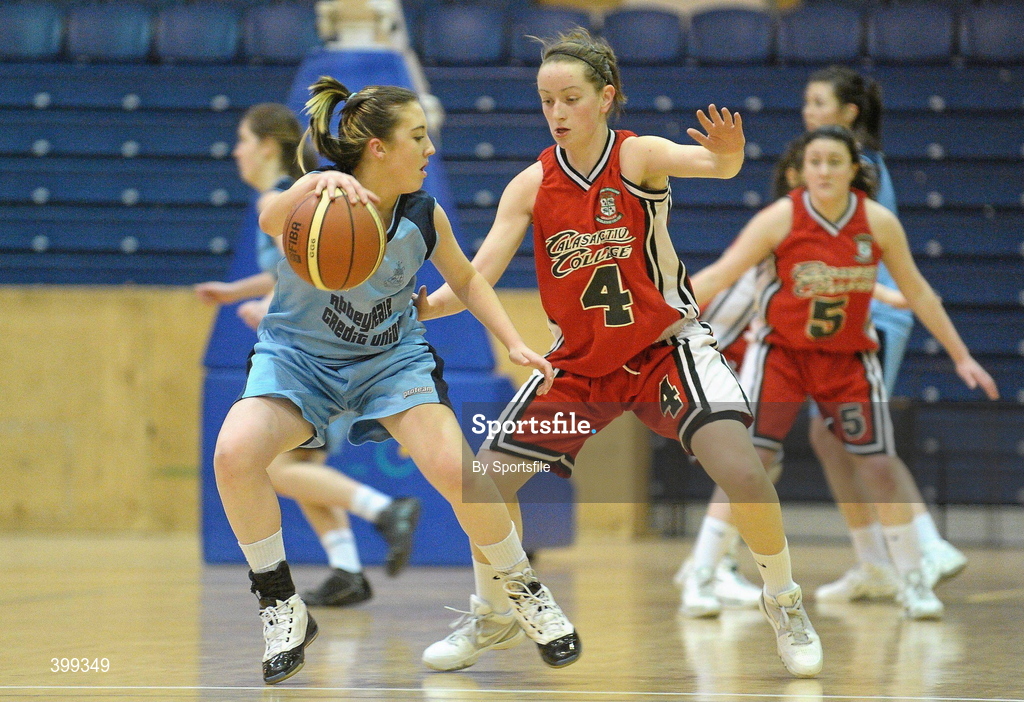 2 February 2010; Eabhnait Scanlon, St. Josephs Abbeyfeale, Co. Limerick, in action against Carol McCarthy, Calasanctius Oranmore, Galway. All-Ireland School Cup Finals 2010 - U19 Girls A Final, Calasanctius Oranmore, Galway v St. Josephs Abbeyfeale, Co. Limerick, National Basketball Arena, Tallaght, Dublin. Photo by Sportsfile