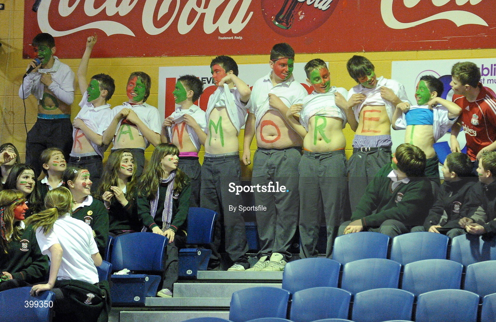 2 February 2010; Fans from Calasanctius Oranmore, Galway, during the match. All-Ireland School Cup Finals 2010 - U19 Girls A Final, Calasanctius Oranmore, Galway v St. Josephs Abbeyfeale, Co. Limerick, National Basketball Arena, Tallaght, Dublin. Photo by Sportsfile