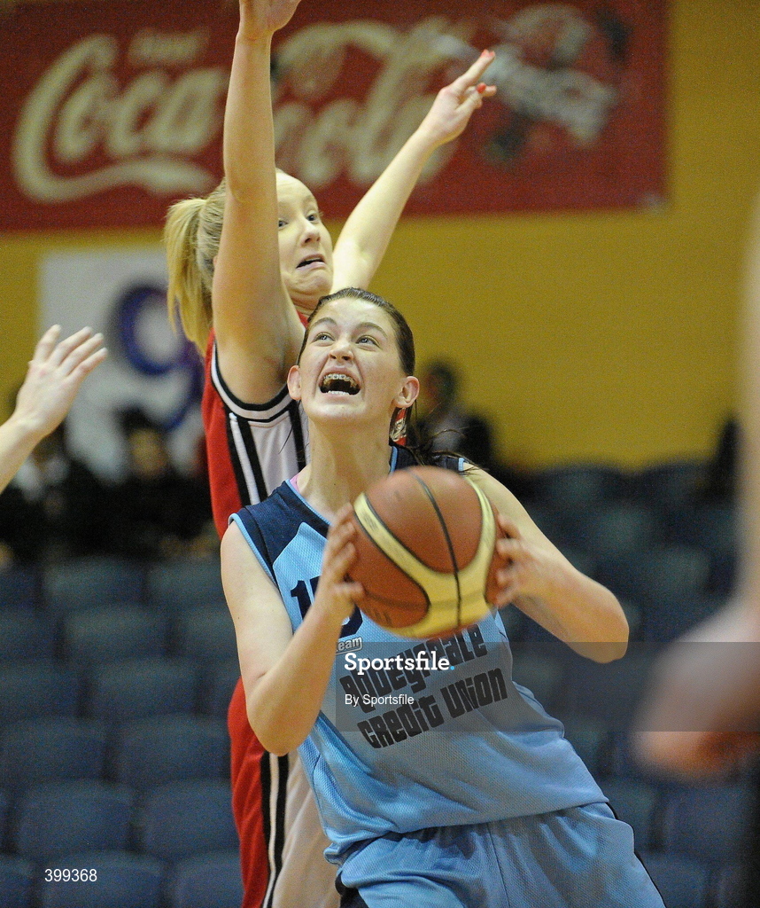 2 February 2010; Rachel Collins, St. Josephs Abbeyfeale, Co. Limerick, in action against Catriona Foley, Calasanctius Oranmore, Galway. All-Ireland School Cup Finals 2010 - U19 Girls A Final, Calasanctius Oranmore, Galway v St. Josephs Abbeyfeale, Co. Limerick, National Basketball Arena, Tallaght, Dublin. Photo by Sportsfile