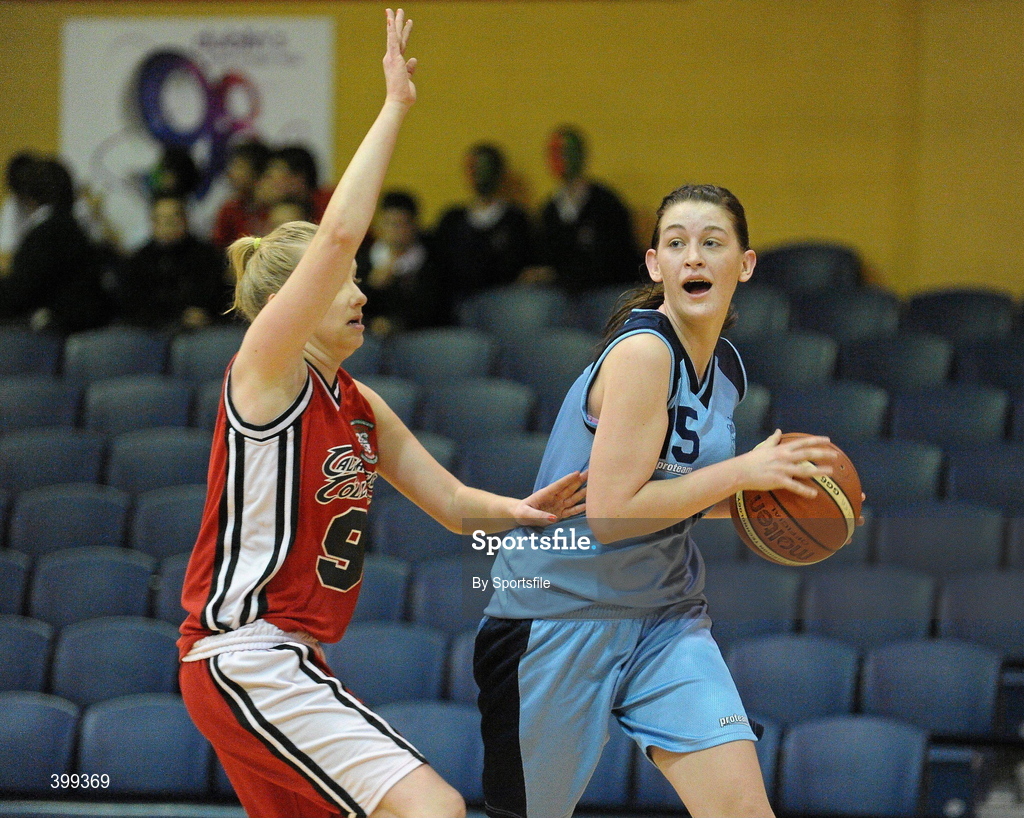 2 February 2010; Rachel Collins, St. Josephs Abbeyfeale, Co. Limerick, in action against Catriona Foley, Calasanctius Oranmore, Galway. All-Ireland School Cup Finals 2010 - U19 Girls A Final, Calasanctius Oranmore, Galway v St. Josephs Abbeyfeale, Co. Limerick, National Basketball Arena, Tallaght, Dublin. Photo by Sportsfile