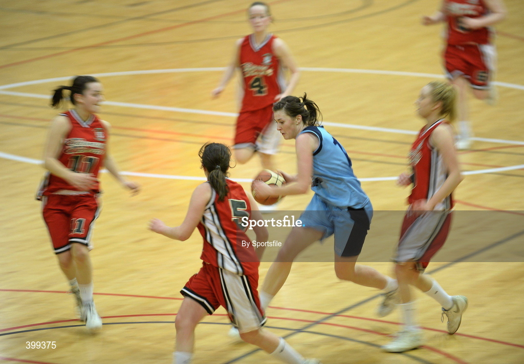2 February 2010; Lorraine Scanlon, St. Josephs Abbeyfeale, Co. Limerick, surrounded by Calasanctius Oranmore, Galway players, clockwise from left, Ciara Newell, Carol McCarthy, Catriona Foley and Ailish O'Reilly. All-Ireland School Cup Finals 2010 - U19 Girls A Final, Calasanctius Oranmore, Galway v St. Josephs Abbeyfeale, Co. Limerick, National Basketball Arena, Tallaght, Dublin. Photo by Sportsfile