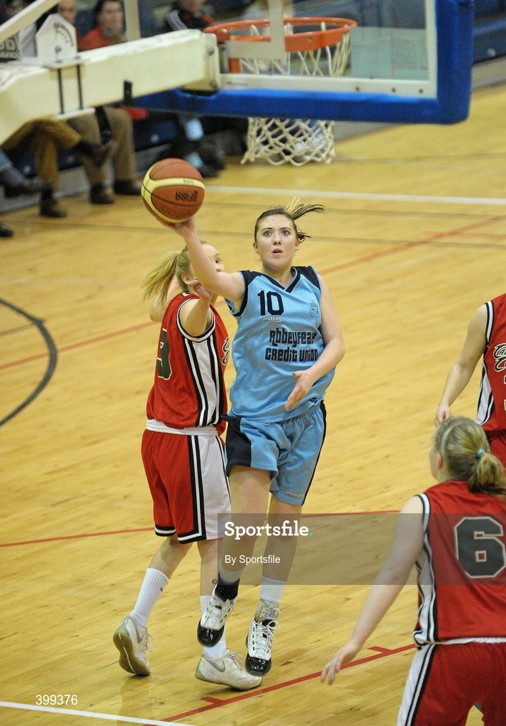 2 February 2010; Eabhnait Scanlon, St. Josephs Abbeyfeale, Co. Limerick, in action against Catriona Foley, Calasanctius Oranmore, Galway. All-Ireland School Cup Finals 2010 - U19 Girls A Final, Calasanctius Oranmore, Galway v St. Josephs Abbeyfeale, Co. Limerick, National Basketball Arena, Tallaght, Dublin. Photo by Sportsfile