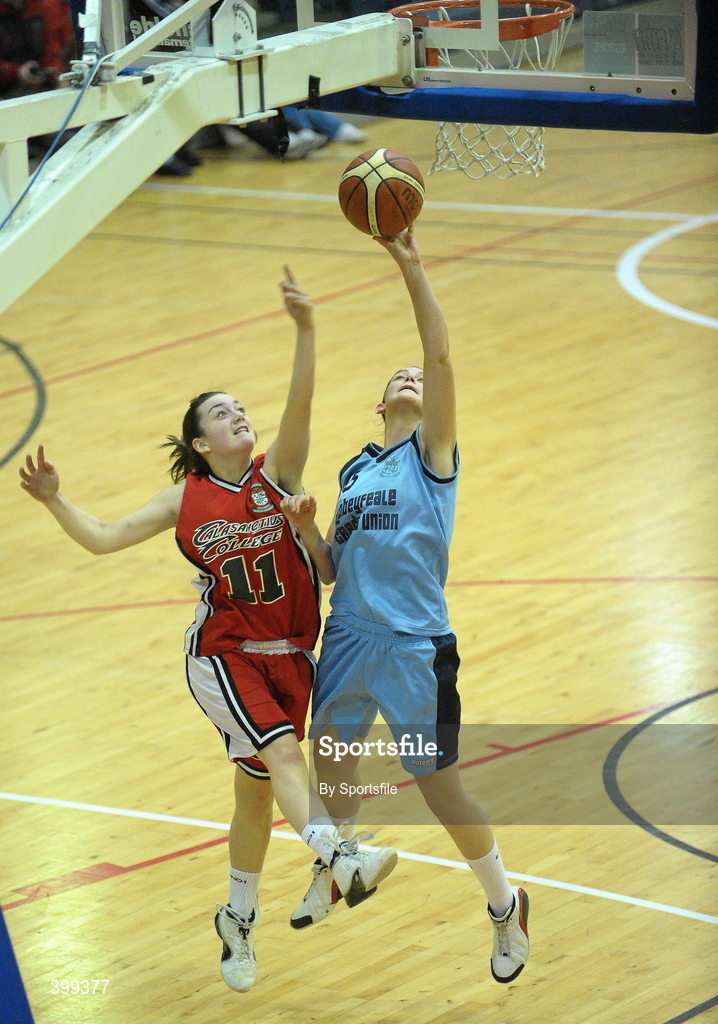 2 February 2010; Rachel Collins, St. Josephs Abbeyfeale, Co. Limerick, in action against Ciara Newell, Calasanctius Oranmore, Galway. All-Ireland School Cup Finals 2010 - U19 Girls A Final, Calasanctius Oranmore, Galway v St. Josephs Abbeyfeale, Co. Limerick, National Basketball Arena, Tallaght, Dublin. Photo by Sportsfile