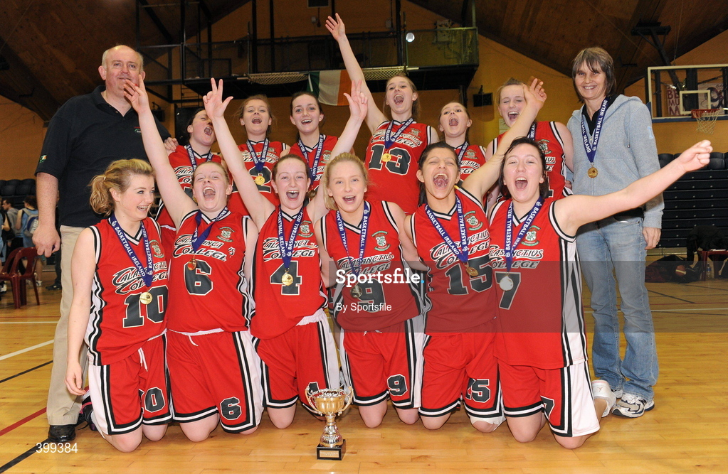 2 February 2010; Calasanctius Oranmore, Galway, celebrate after the game. All-Ireland School Cup Finals 2010 - U19 Girls A Final, Calasanctius Oranmore, Galway v St. Josephs Abbeyfeale, Co. Limerick, National Basketball Arena, Tallaght, Dublin. Photo by Sportsfile
