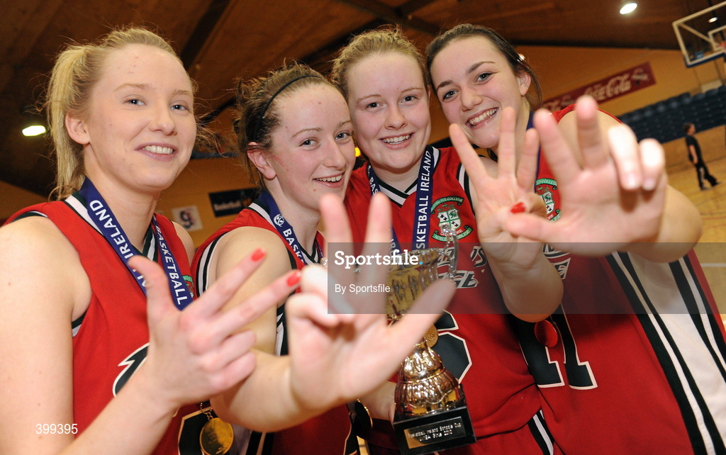 2 February 2010; Calasanctius Oranmore, Galway players, from left, Catriona Foley, Carol McCarthy, Kate Lyons and Ciara Newell who have won gold medals three years in a row. All-Ireland School Cup Finals 2010 - U19 Girls A Final, Calasanctius Oranmore, Galway v St. Josephs Abbeyfeale, Co. Limerick, National Basketball Arena, Tallaght, Dublin. Photo by Sportsfile