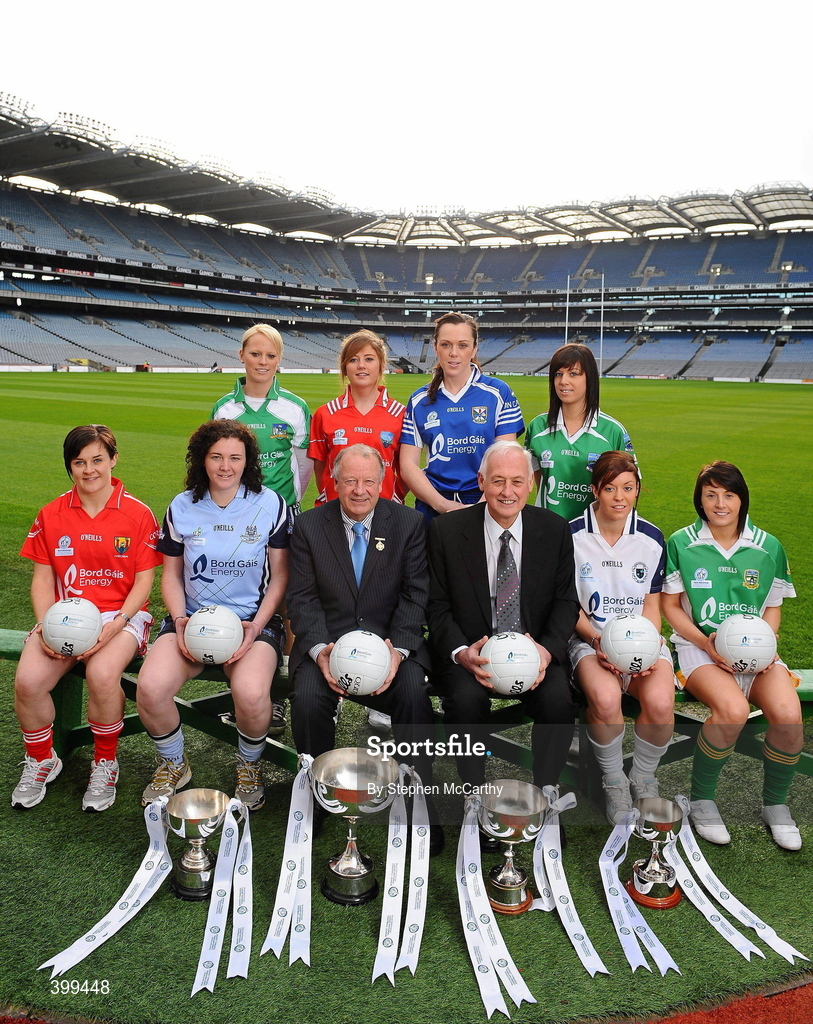 2 February 2010; Ladies Gaelic Football today launched their expanded Bord Gais Energy Ladies National Football Leagues. The new format, from three divisions to four, is to increase competition across the divisions and to ensure the continual development of emerging counties. The first round of fixtures take place on Sunday, 7th February with the finals scheduled for the weekend of 8/9th May. Pat Quill, President, Cumann Peil Gael na mBan, left, and David Bunworth, Managing Director Bord Gais Energy, with players, back row, from left, Sinead Fitzpatrick, Limerick, Rosanna Heeney, Louth, Pamela Crowe, Cavan, Aoife Moane, Fermanagh, front row, from left, Mairead Kelly, Cork, Cliodhna O'Connor, Dublin, Aishling Holton, Kildare, and Shauna Bennett, Meath, at the launch of the Bord Gais Energy Ladies National Football Leagues. Croke Park, Dublin. Picture credit: Stephen McCarthy / SPORTSFILE