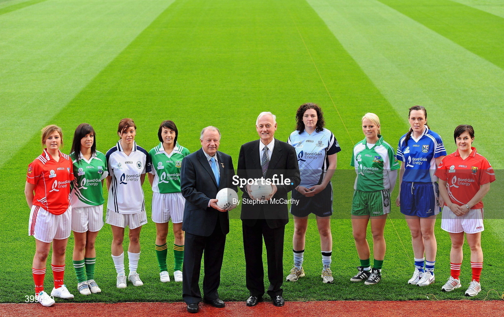 2 February 2010; Ladies Gaelic Football today launched their expanded Bord Gais Energy Ladies National Football Leagues. The new format, from three divisions to four, is to increase competition across the divisions and to ensure the continual development of emerging counties. The first round of fixtures take place on Sunday, 7th February with the finals scheduled for the weekend of 8/9th May. Pat Quill, President Cumann Peil Gael na mBan, left, and David Bunworth, Managing Director Bord Gais Energy, with players, from left, Rosanna Heeney, Louth, Aoife Moane, Fermanagh, Aishling Holton, Kildare, Shauna Bennett, Meath, Cliodhna O'Connor, Dublin, Sinead Fitzpatrick, Limerick, Pamela Crowe, Cavan, and Mairead Kelly, Cork, at the launch of the Bord Gais Energy Ladies National Football Leagues. Croke Park, Dublin. Picture credit: Stephen McCarthy / SPORTSFILE