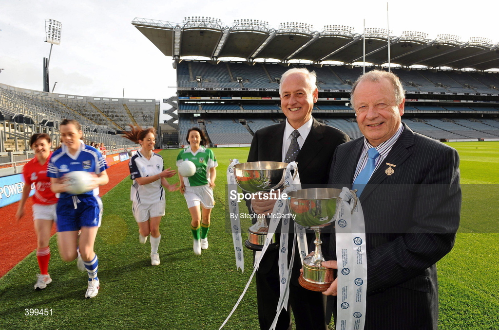 2 February 2010; Ladies Gaelic Football today launched their expanded Bord Gais Energy Ladies National Football Leagues. The new format, from three divisions to four, is to increase competition across the divisions and to ensure the continual development of emerging counties. The first round of fixtures take place on Sunday, 7th February with the finals scheduled for the weekend of 8/9th May. Pat Quill, President, Cumann Peil Gael na mBan, right, and David Bunworth, Managing Director Bord Gais Energy, with players, from left, Mairead Kelly, Cork, Pamela Crowe, Cavan, Aishling Holton, Kildare, and Shauna Bennett, Meath, at the launch of the Bord Gais Energy Ladies National Football Leagues. Croke Park, Dublin. Picture credit: Stephen McCarthy / SPORTSFILE