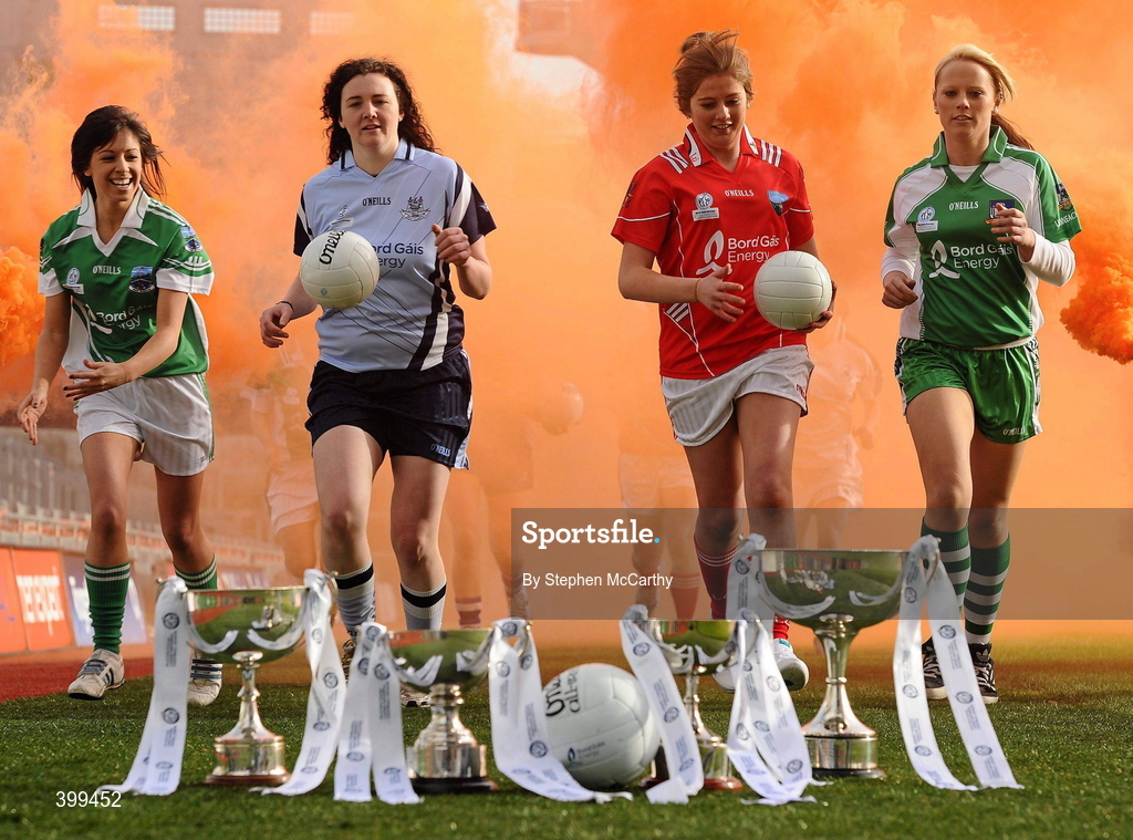 2 February 2010; Ladies Gaelic Football today launched their expanded Bord Gais Energy Ladies National Football Leagues. The new format, from three divisions to four, is to increase competition across the divisions and to ensure the continual development of emerging counties. The first round of fixtures take place on Sunday, 7th February with the finals scheduled for the weekend of 8/9th May. Players, from left, Aoife Maoane, Fermanagh, Cliodhna O'Connor, Dublin, Mairead Kelly, Cork, and Sinead Fitzpatrick, Limerick, at the launch of the Bord Gais Energy Ladies National Football Leagues. Croke Park, Dublin. Picture credit: Stephen McCarthy / SPORTSFILE