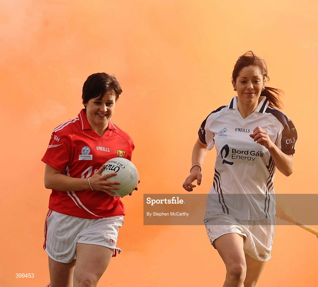 2 February 2010; Ladies Gaelic Football today launched their expanded Bord Gais Energy Ladies National Football Leagues. The new format, from three divisions to four, is to increase competition across the divisions and to ensure the continual development of emerging counties. The first round of fixtures take place on Sunday, 7th February with the finals scheduled for the weekend of 8/9th May. Mairead Kelly, Cork, and Aishling Holton, Kildare, at the launch of the Bord Gais Energy Ladies National Football Leagues. Croke Park, Dublin. Picture credit: Stephen McCarthy / SPORTSFILE