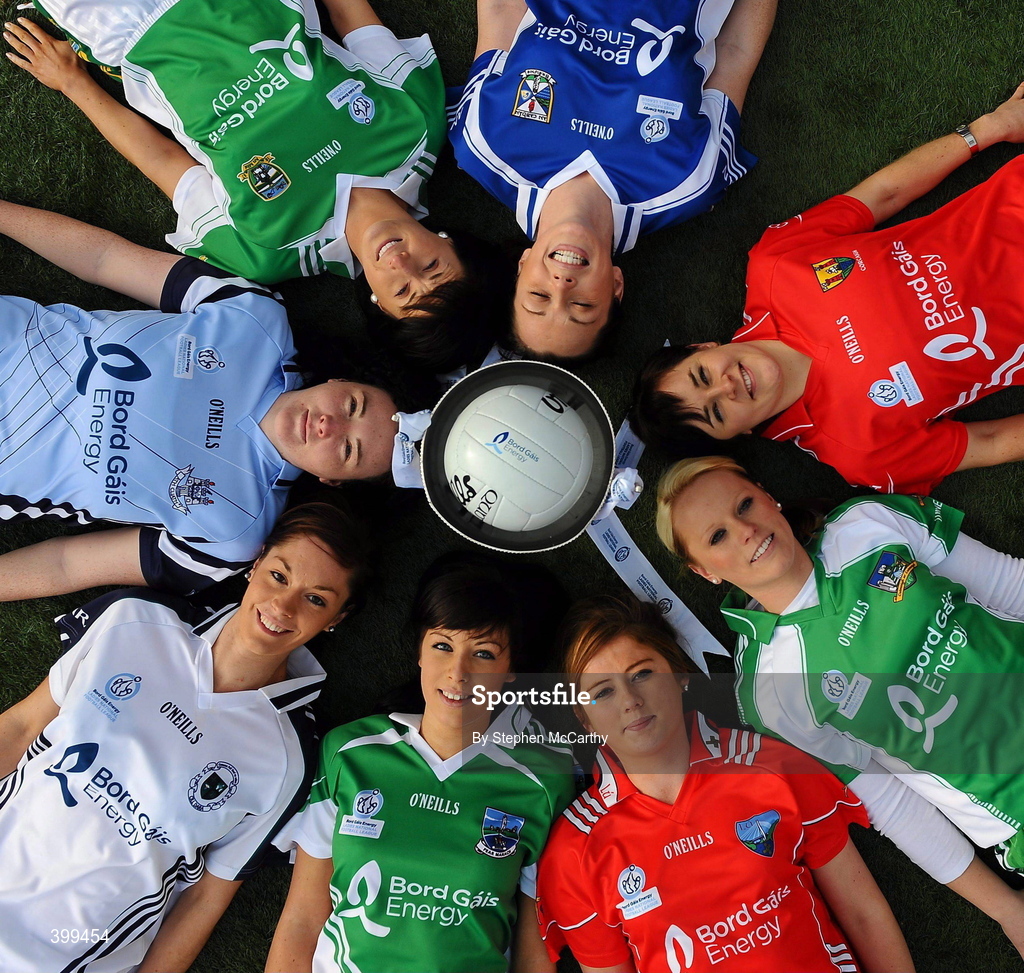 2 February 2010; Ladies Gaelic Football today launched their expanded Bord Gais Energy Ladies National Football Leagues. The new format, from three divisions to four, is to increase competition across the divisions and to ensure the continual development of emerging counties. The first round of fixtures take place on Sunday, 7th February with the finals scheduled for the weekend of 8/9th May. Players, clockwise, from top, Pamela Crowe, Cavan, Mairead Kelly, Cork, Sinead Fitzpatrick, Limerick, Rosanna Heeney, Louth, Aoife Moane, Fermanagh, Aishling Holton, Kildare, Cliodhna O'Connor, Dublin, and Shauna Mennett, Meath, at the launch of the Bord Gais Energy Ladies National Football Leagues. Croke Park, Dublin. Picture credit: Stephen McCarthy / SPORTSFILE