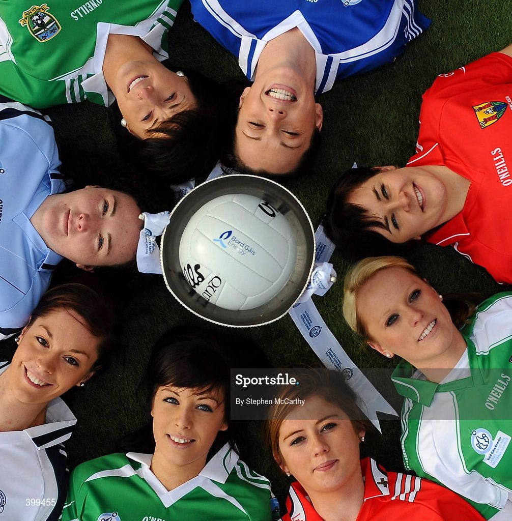 2 February 2010; Ladies Gaelic Football today launched their expanded Bord Gais Energy Ladies National Football Leagues. The new format, from three divisions to four, is to increase competition across the divisions and to ensure the continual development of emerging counties. The first round of fixtures take place on Sunday, 7th February with the finals scheduled for the weekend of 8/9th May. Players, clockwise, from top, Pamela Crowe, Cavan, Mairead Kelly, Cork, Sinead Fitzpatrick, Limerick, Rosanna Heeney, Louth, Aoife Moane, Fermanagh, Aishling Holton, Kildare, Cliodhna O'Connor, Dublin, and Shauna Mennett, Meath, at the launch of the Bord Gais Energy Ladies National Football Leagues. Croke Park, Dublin. Picture credit: Stephen McCarthy / SPORTSFILE