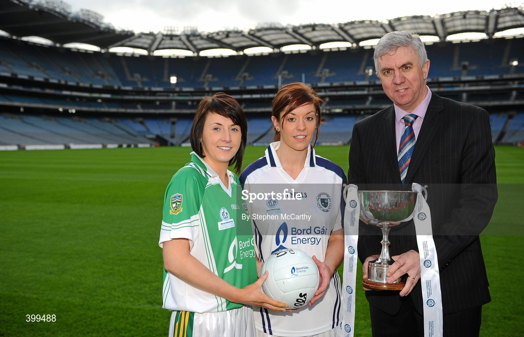 2 February 2010; Ladies Gaelic Football today launched their expanded Bord Gais Energy Ladies National Football Leagues. The new format, from three divisions to four, is to increase competition across the divisions and to ensure the continual development of emerging counties. The first round of fixtures take place on Sunday, 7th February with the finals scheduled for the weekend of 8/9th May. Ger Cunningham, Bord Gáis Energy Sport Sponsorship Manager, with Division 2 players Shauna Bennett, Meath, and Aishling Holton, Kildare, at the launch of the Bord Gais Energy Ladies National Football Leagues. Croke Park, Dublin. Picture credit: Stephen McCarthy / SPORTSFILE