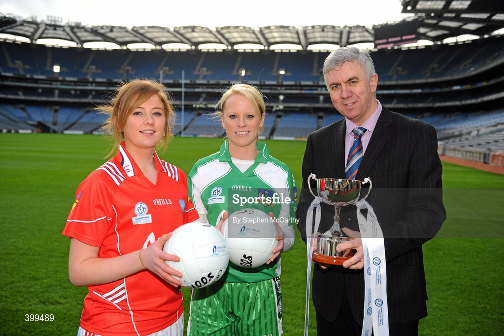 2 February 2010; Ladies Gaelic Football today launched their expanded Bord Gais Energy Ladies National Football Leagues. The new format, from three divisions to four, is to increase competition across the divisions and to ensure the continual development of emerging counties. The first round of fixtures take place on Sunday, 7th February with the finals scheduled for the weekend of 8/9th May. Ger Cunningham, Bord Gáis Energy Sport Sponsorship Manager, with Division 4 players Rosanna Heeney, Louth, and Sinead Fitzpatrick, Limerick, at the launch of the Bord Gais Energy Ladies National Football Leagues. Croke Park, Dublin. Picture credit: Stephen McCarthy / SPORTSFILE