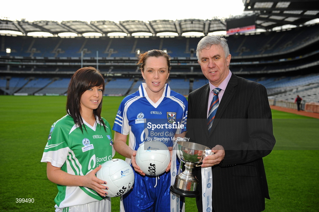2 February 2010; Ladies Gaelic Football today launched their expanded Bord Gais Energy Ladies National Football Leagues. The new format, from three divisions to four, is to increase competition across the divisions and to ensure the continual development of emerging counties. The first round of fixtures take place on Sunday, 7th February with the finals scheduled for the weekend of 8/9th May. Ger Cunningham, Bord Gáis Energy Sport Sponsorship Manager, with Division 3 players Aoife Moane, Fermanagh, and Pamela Crowe, Cavan, at the launch of the Bord Gais Energy Ladies National Football Leagues. Croke Park, Dublin. Picture credit: Stephen McCarthy / SPORTSFILE