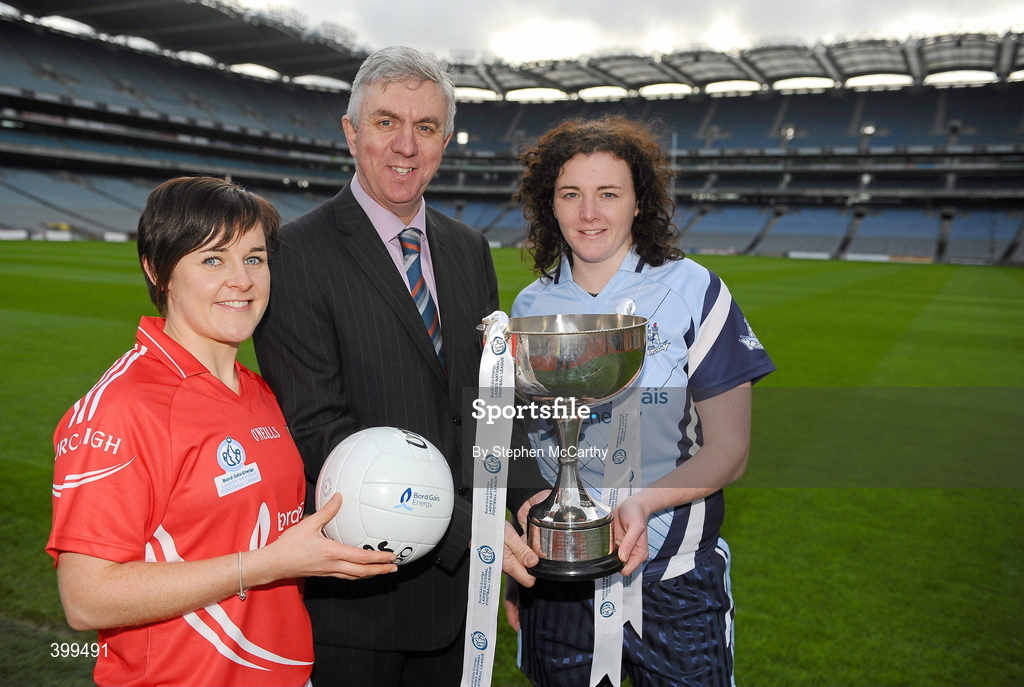 2 February 2010; Ladies Gaelic Football today launched their expanded Bord Gais Energy Ladies National Football Leagues. The new format, from three divisions to four, is to increase competition across the divisions and to ensure the continual development of emerging counties. The first round of fixtures take place on Sunday, 7th February with the finals scheduled for the weekend of 8/9th May. Ger Cunningham, Bord Gáis Energy Sport Sponsorship Manager, with Division 1 players Mairead Kelly, Cork, and Cliodhna O'Connor, Dublin, at the launch of the Bord Gais Energy Ladies National Football Leagues. Croke Park, Dublin. Picture credit: Stephen McCarthy / SPORTSFILE
