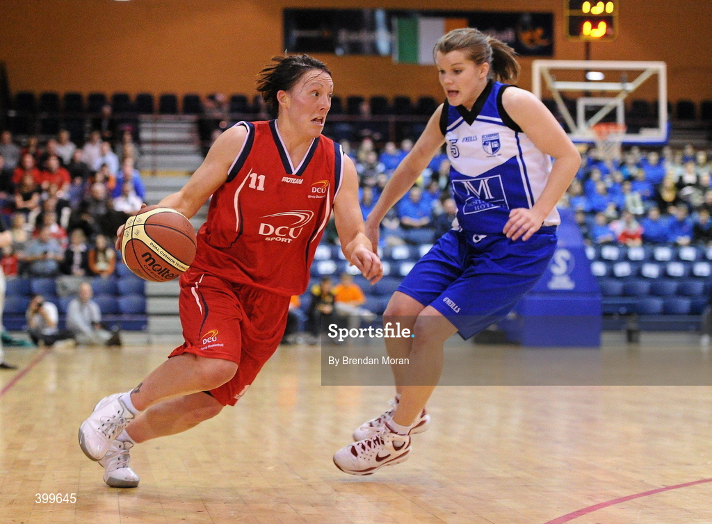 31 January 2010; Lindsay Peat, DCU Mercy, in action against Claire Rockall, Team Montenotte Hotel Cork. Women's Superleague National Cup Final 2010, Team Montenotte Hotel Cork v DCU Mercy, National Basketball Arena, Tallaght, Dublin. Picture credit: Brendan Moran / SPORTSFILE