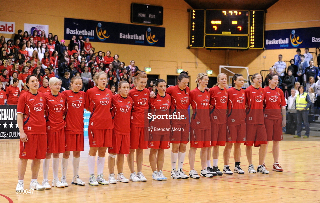 31 January 2010; The DCU Mercy team stand for the National Anthem. Women's Superleague National Cup Final 2010, Team Montenotte Hotel Cork v DCU Mercy, National Basketball Arena, Tallaght, Dublin. Picture credit: Brendan Moran / SPORTSFILE